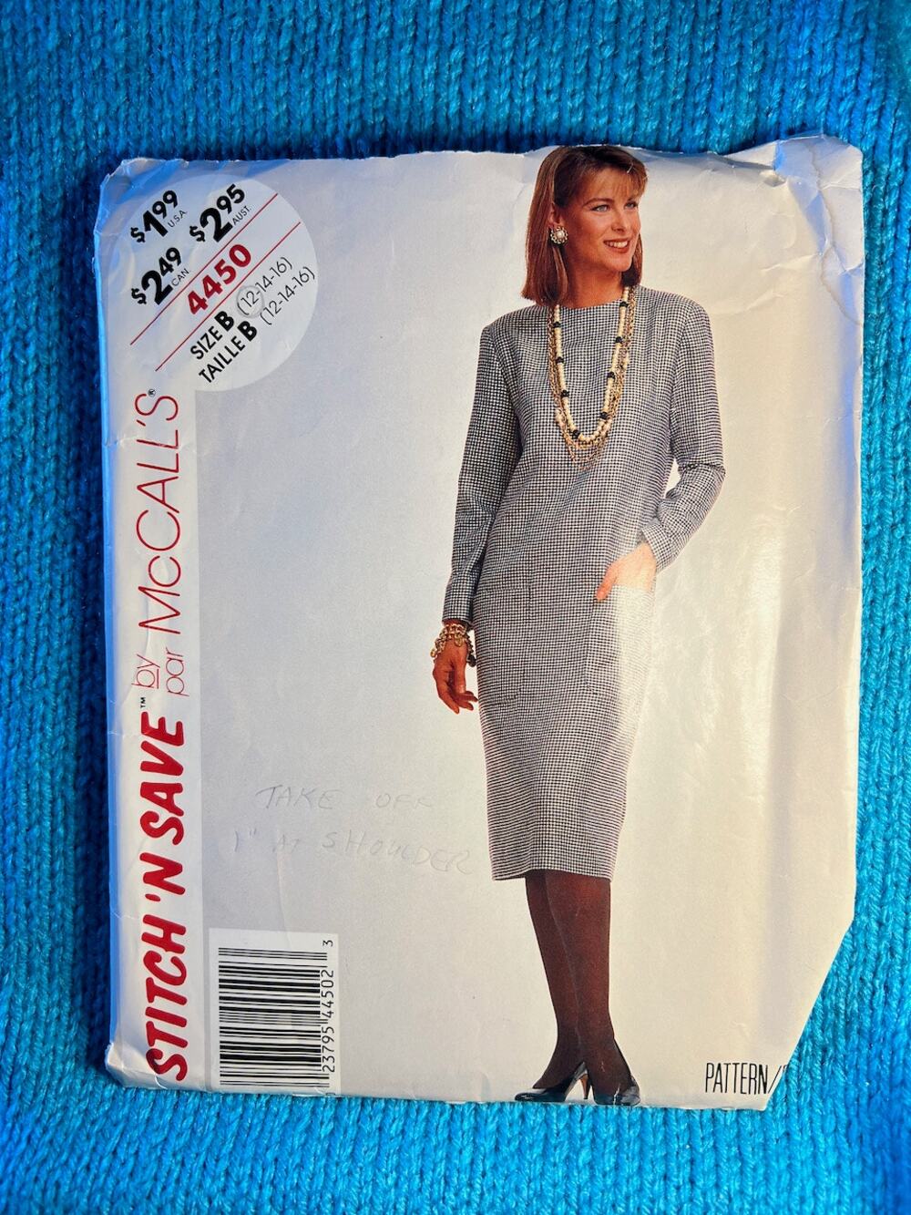 McCalls Sewing pattern 4450 dress straight long sleeve pockets 1980s size 12